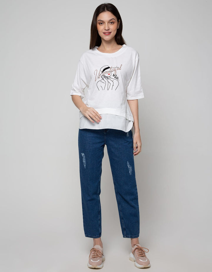 Details Short Sleeve T-Shirt With Embroidery-Print And Asymetric Bottom