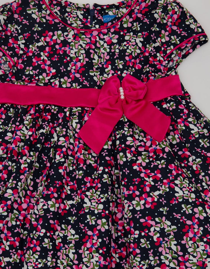 Kidz Too Short Sleeve Midi Dress Ribbon With Tile Bottom