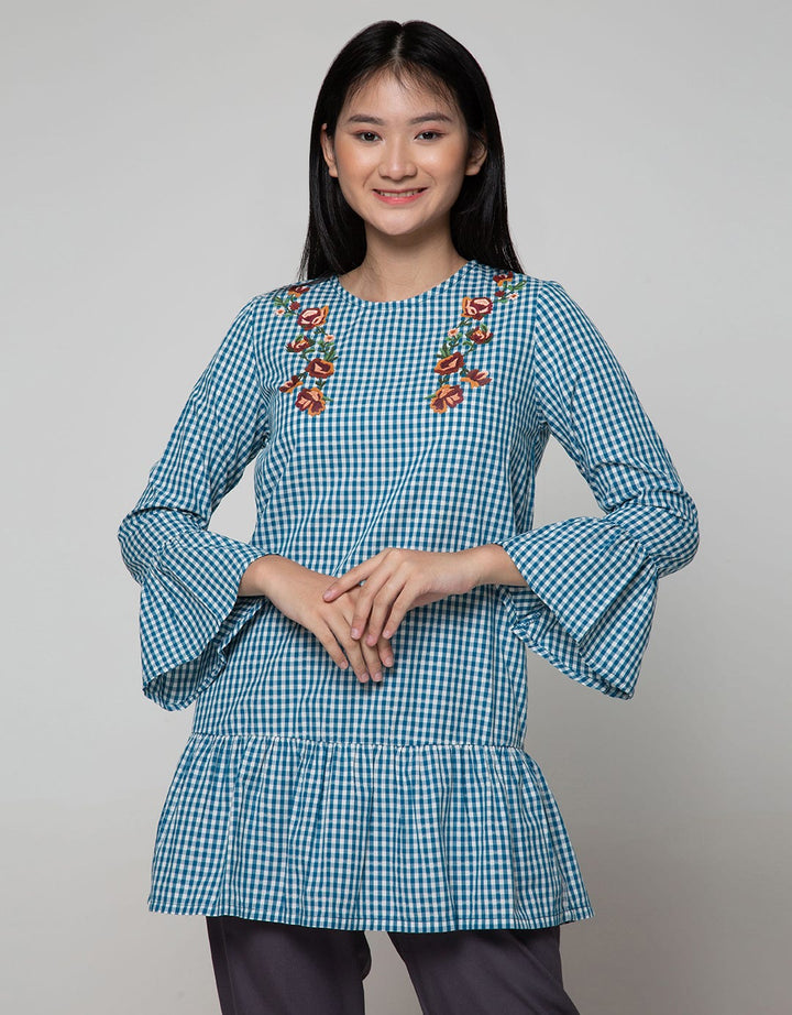 Exit Plaid Blouse With Floral Patch