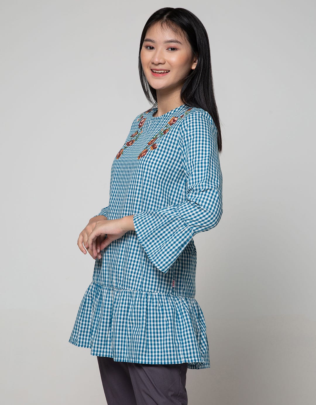 Exit Plaid Blouse With Floral Patch