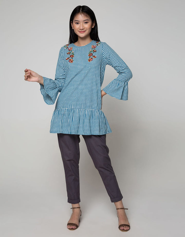 Exit Plaid Blouse With Floral Patch