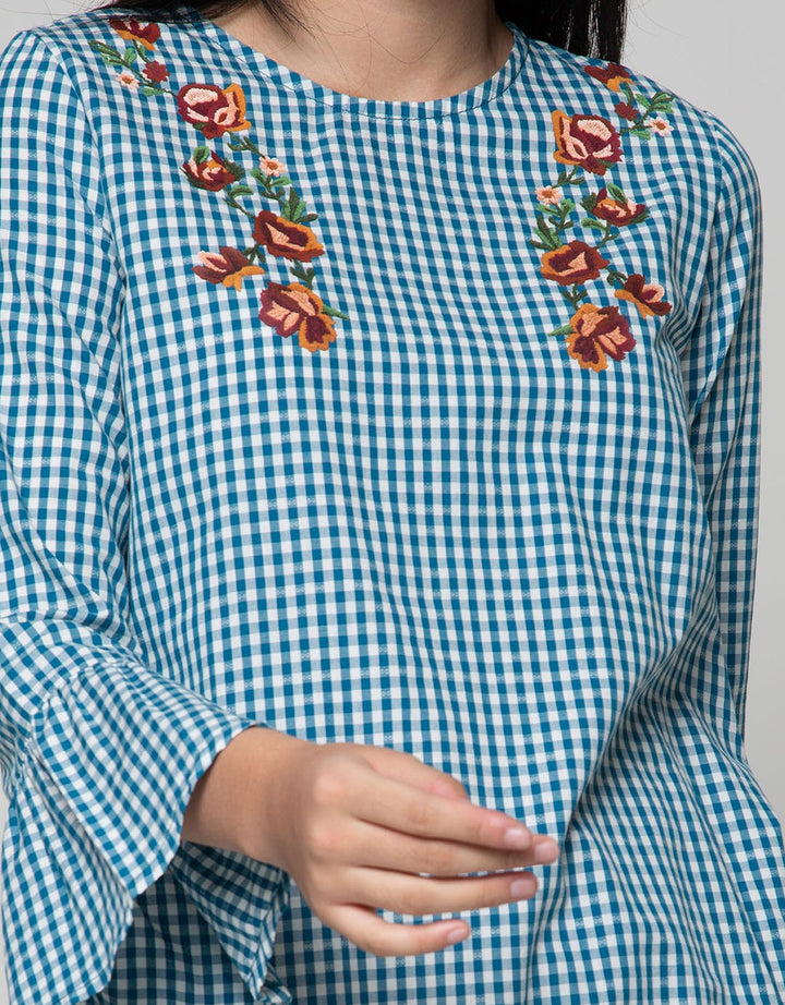 Exit Plaid Blouse With Floral Patch