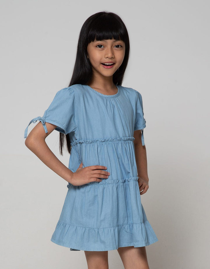 Little M Short Sleeve Midi Dress Denim 3 Tiers
