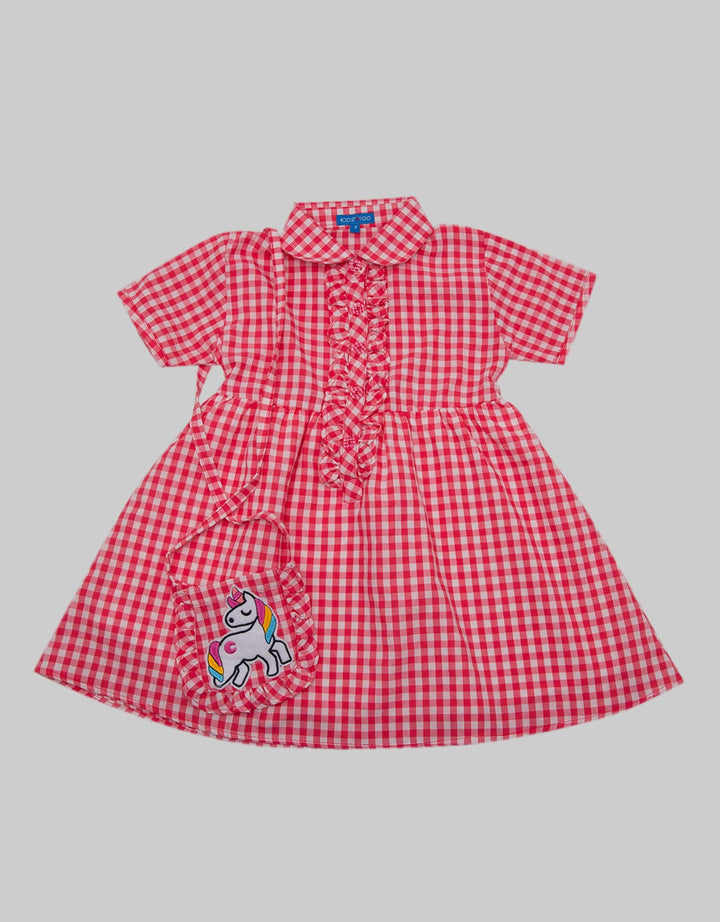 Kidz Too Short Sleeve Midi Dress Square Chest Ruffle Unicorn Embroidery Bag