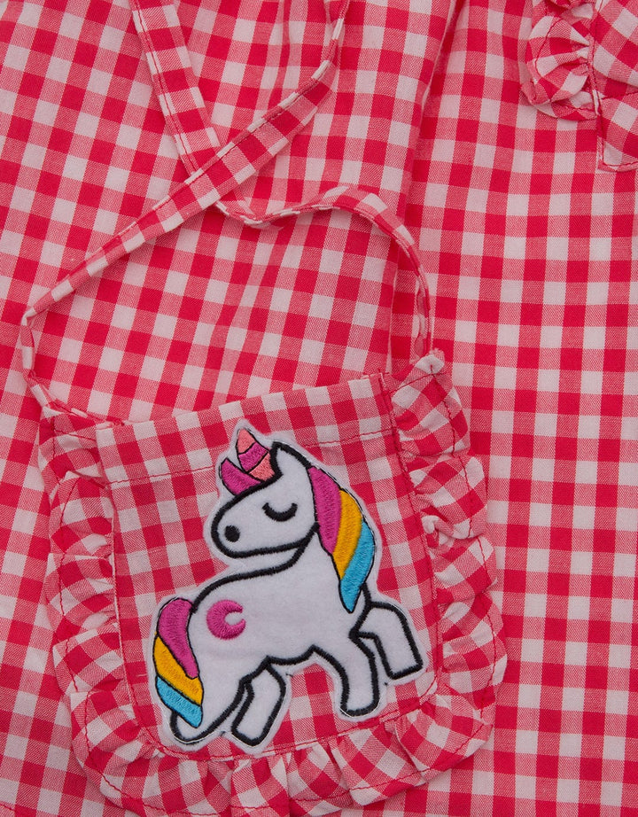 Kidz Too Short Sleeve Midi Dress Square Chest Ruffle Unicorn Embroidery Bag