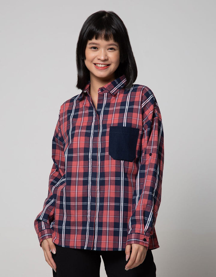 Nevada Long Sleeve Shirt Top Check Cotton With Denim Pocket
