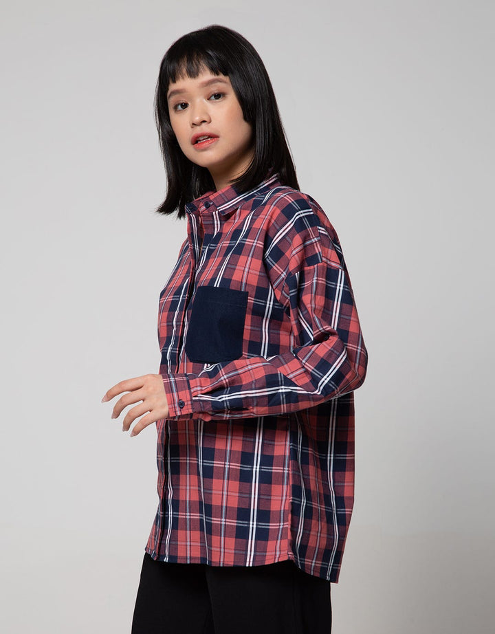 Nevada Long Sleeve Shirt Top Check Cotton With Denim Pocket