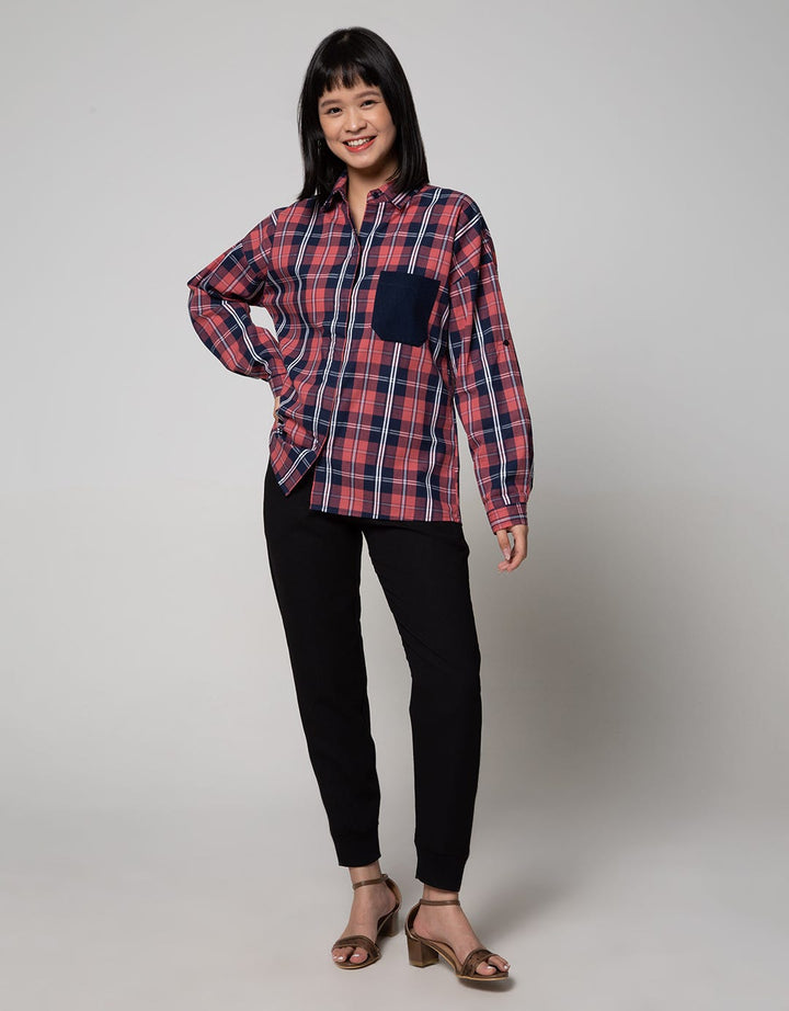 Nevada Long Sleeve Shirt Top Check Cotton With Denim Pocket