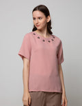 St. Yves Short Sleeve Blouse Xmas Top 6 Beaded Flowers