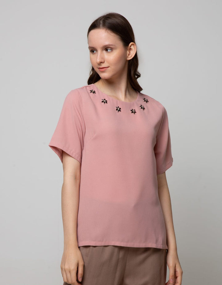 St. Yves Short Sleeve Blouse Xmas Top 6 Beaded Flowers