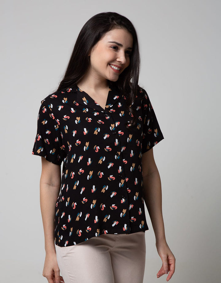 Connexion Short Sleeve Blouse With Ruffle In Shoulder Print Brush