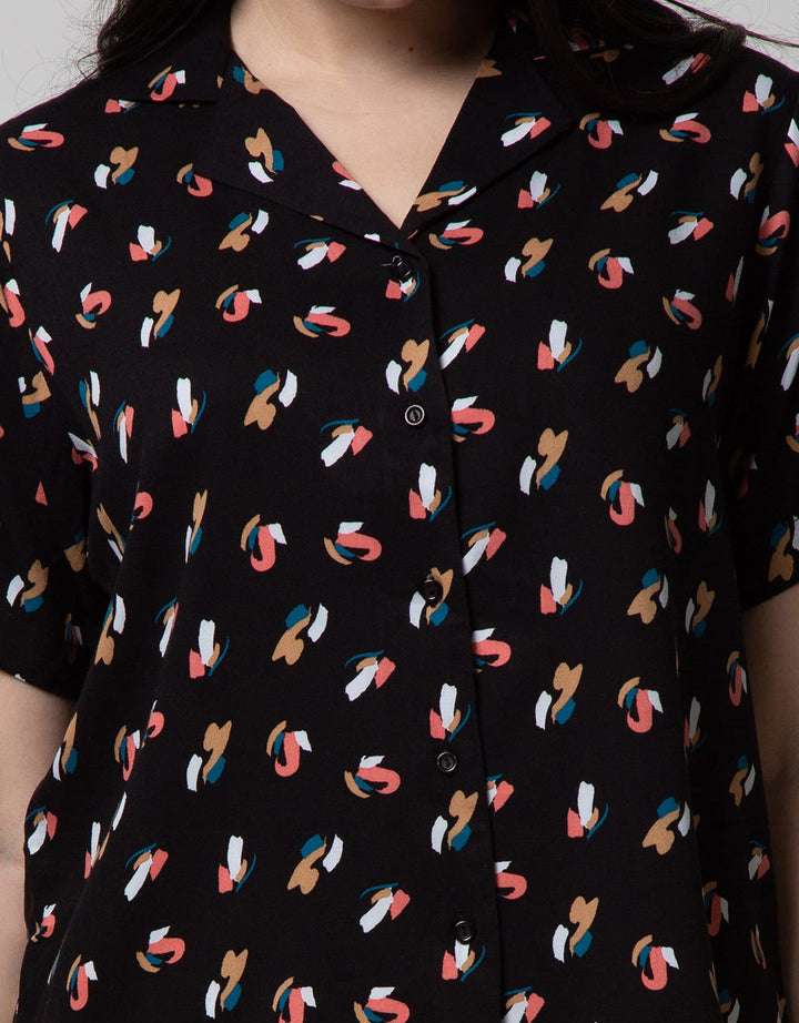 Connexion Short Sleeve Blouse With Ruffle In Shoulder Print Brush