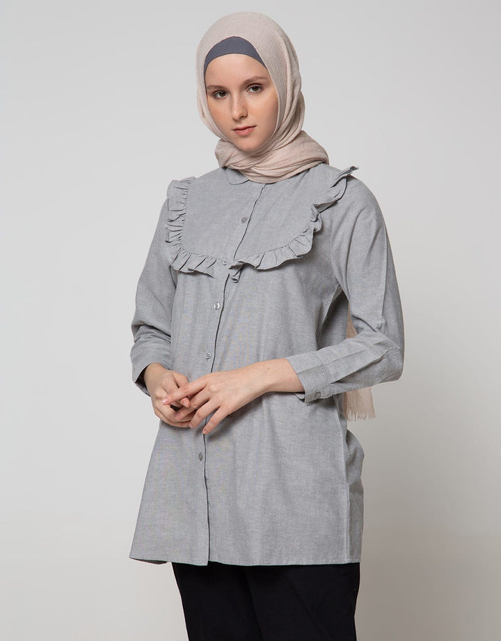 Annisa Long Sleeve Tunic Oxford Shirt With Ruffles On Chest