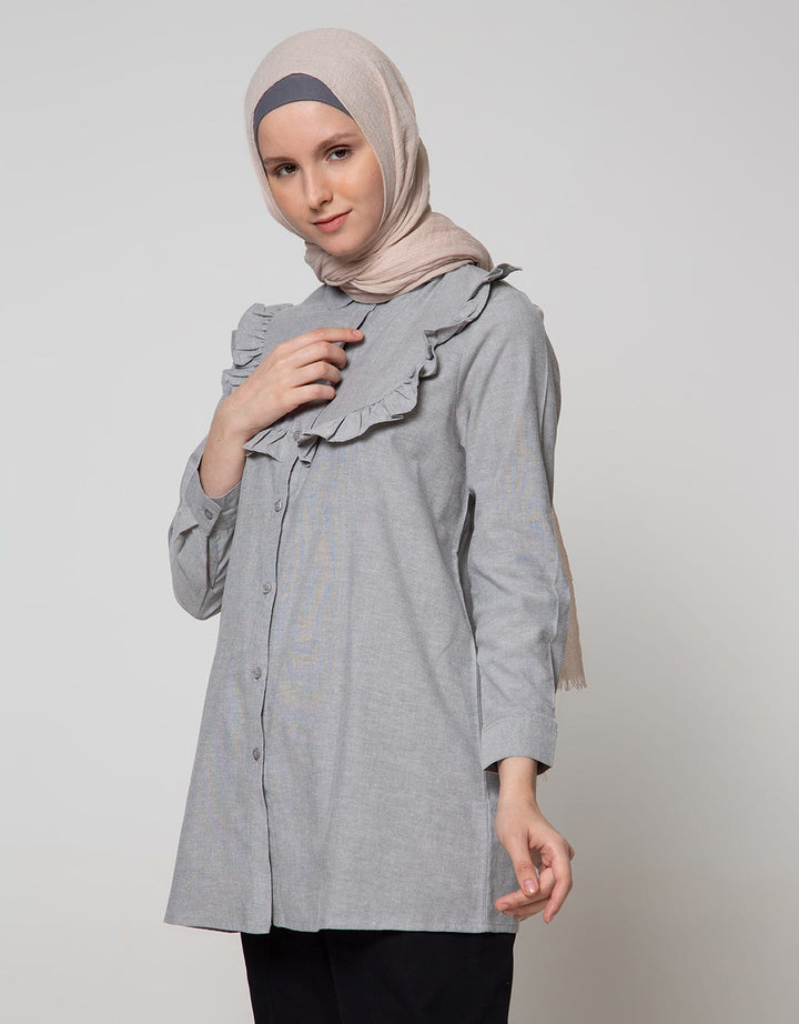 Annisa Long Sleeve Tunic Oxford Shirt With Ruffles On Chest