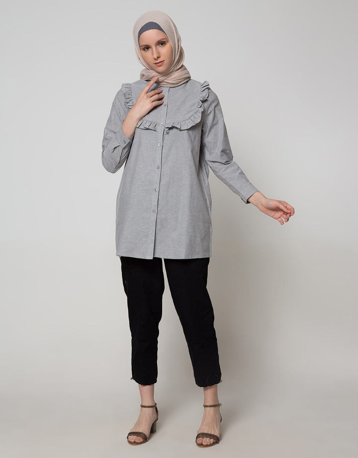 Annisa Long Sleeve Tunic Oxford Shirt With Ruffles On Chest