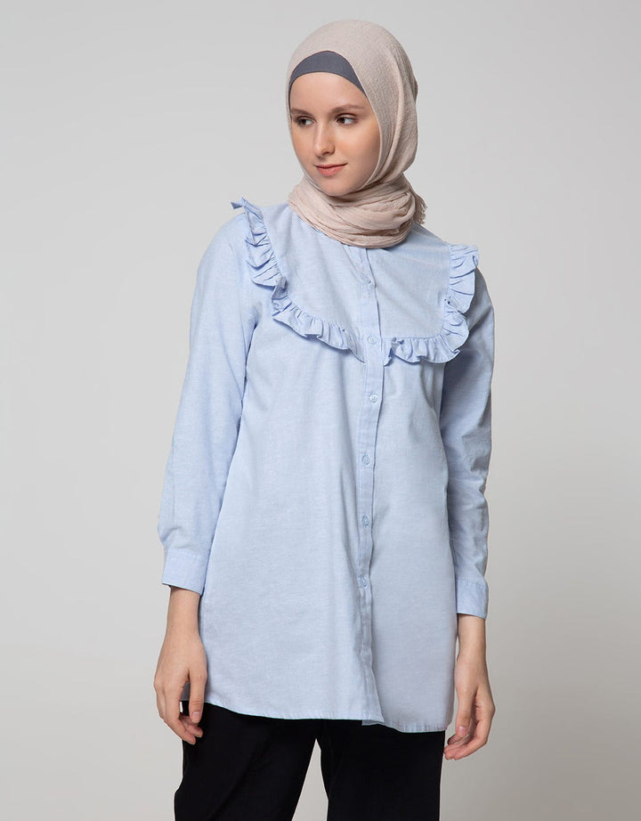 Annisa Long Sleeve Tunic Oxford Shirt With Ruffles On Chest