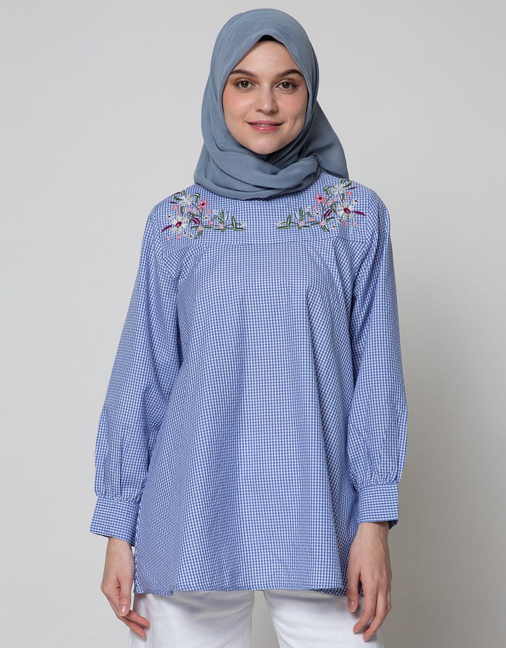 Annisa Long Sleeve Blouse Gingham With Embroidery In Chest