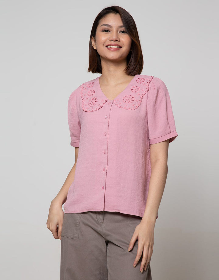 Connexion Short Sleeve Blouse Lace Peterpan Collar Poly