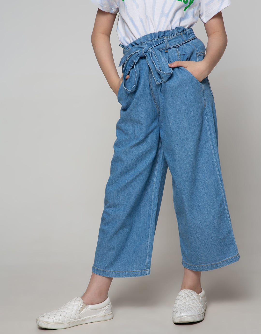 Aero Denim Pants Capri Plain Ribbon Front