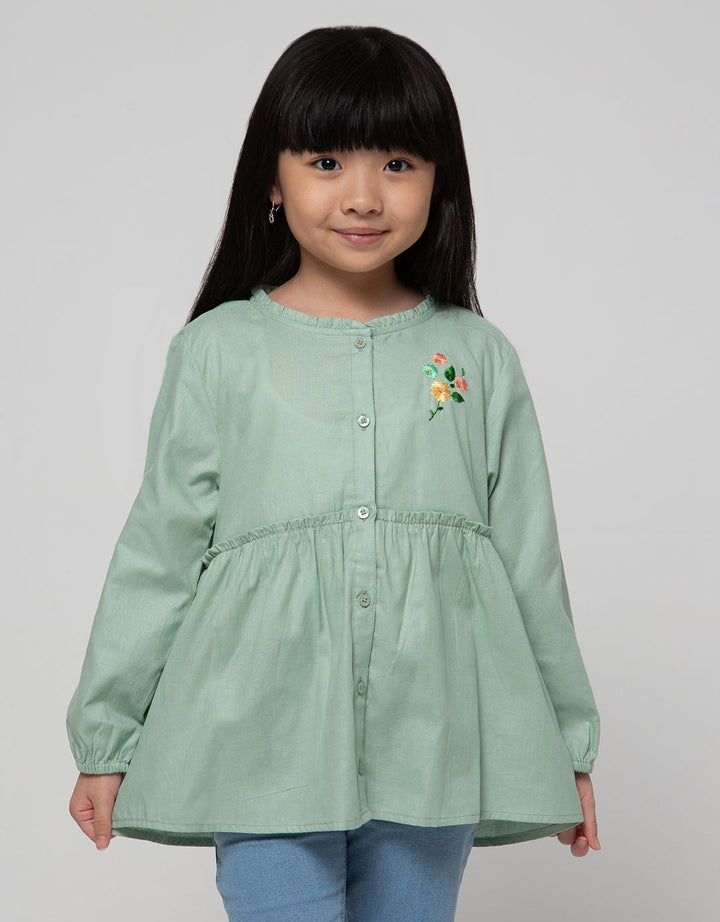 Little M Long Sleeve Shirt Blouse Dobby Kerah Ruffle Bordir