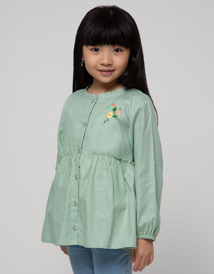 Little M Long Sleeve Shirt Blouse Dobby Kerah Ruffle Bordir
