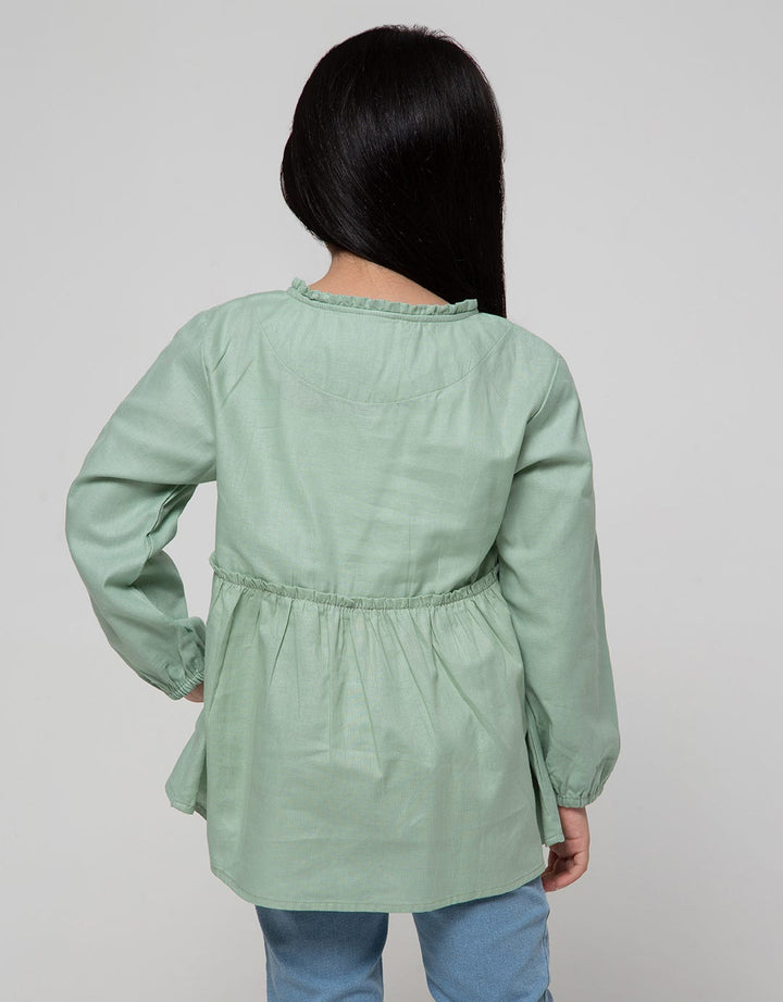 Little M Long Sleeve Shirt Blouse Dobby Kerah Ruffle Bordir