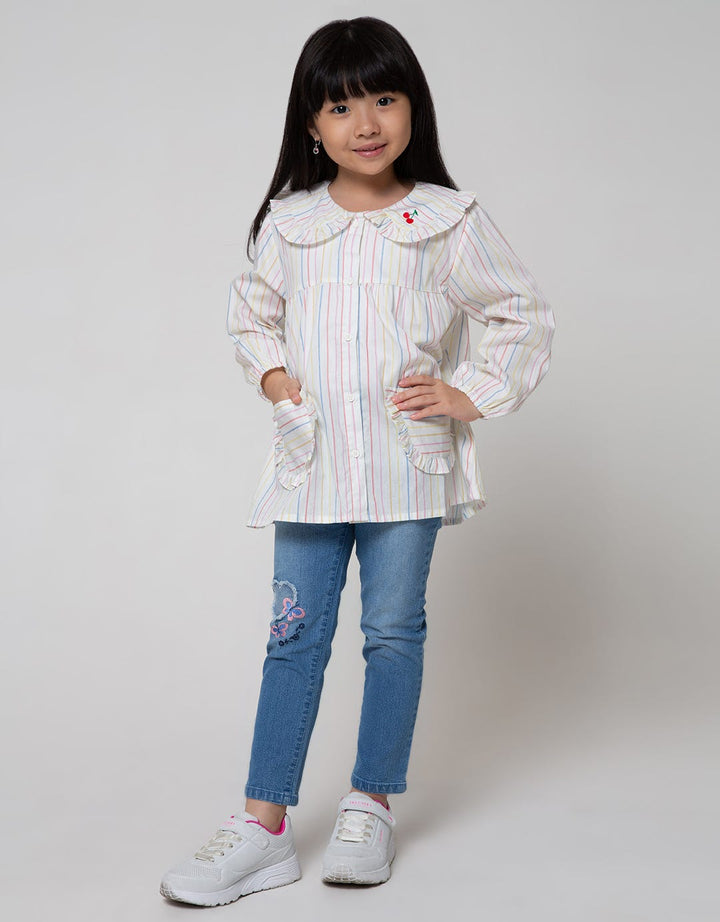 Little M Long Sleeve Shirt Blouse Salur Ruffle Kantong