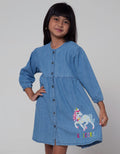 Little M Long Sleeve Midi Dress Denim Bordir Unicorn