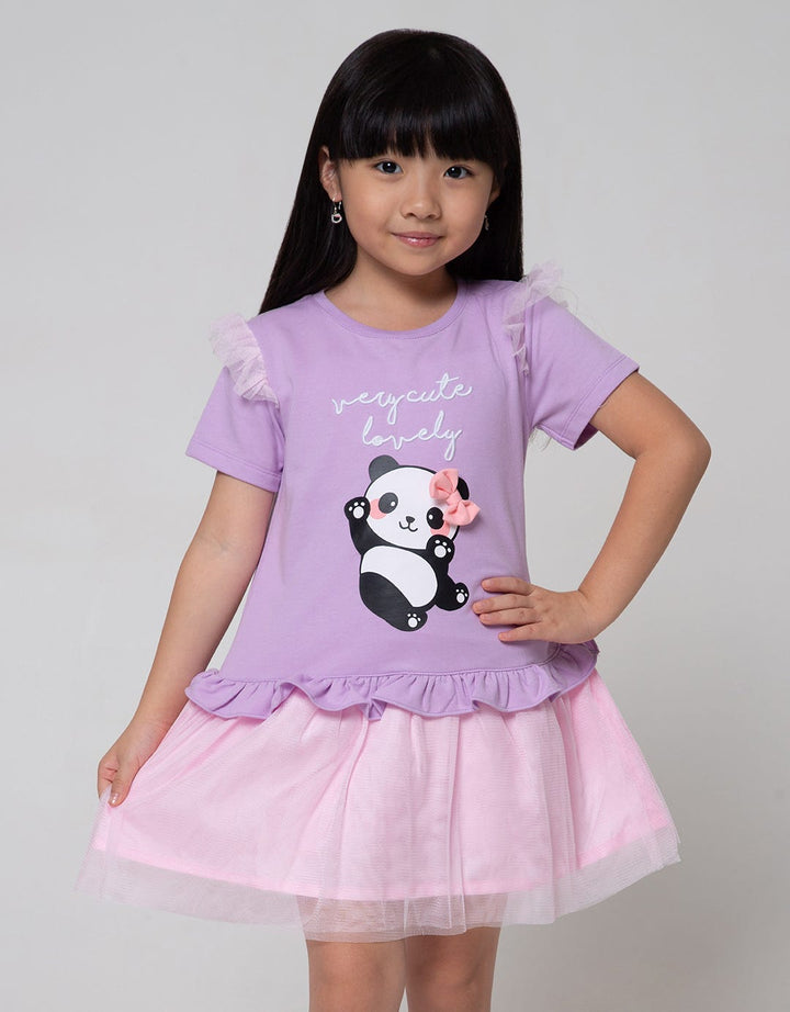 Little M Short Sleeve Midi Dress Panda Ruffle Bawah Tile