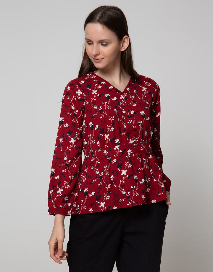 Connexion Long Sleeve Blouse V-neck Cut N Sewn Print Flower CNY