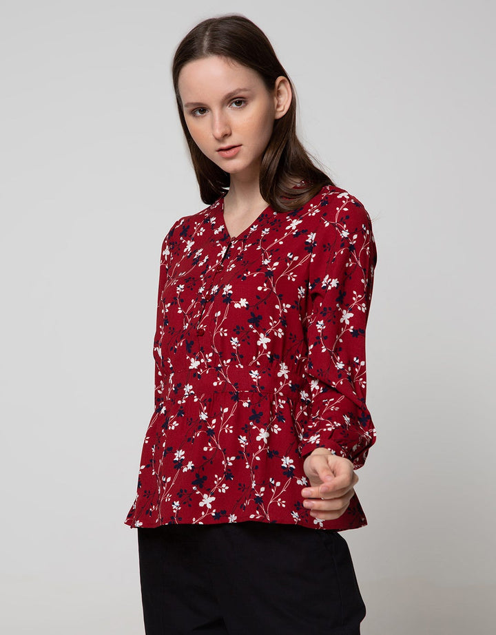 Connexion Long Sleeve Blouse V-neck Cut N Sewn Print Flower CNY