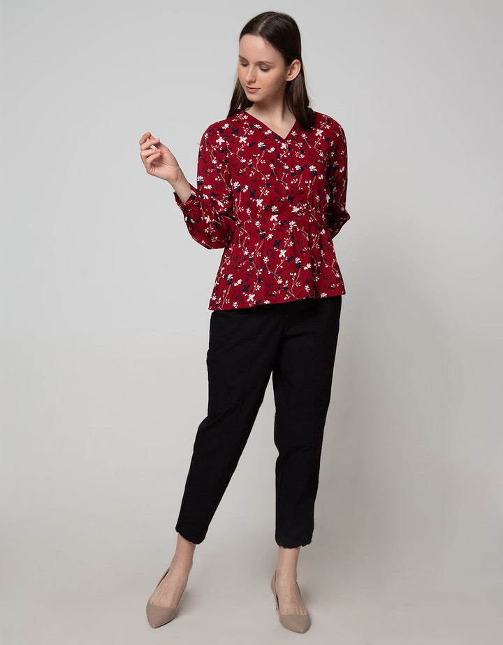 Connexion Long Sleeve Blouse V-neck Cut N Sewn Print Flower CNY