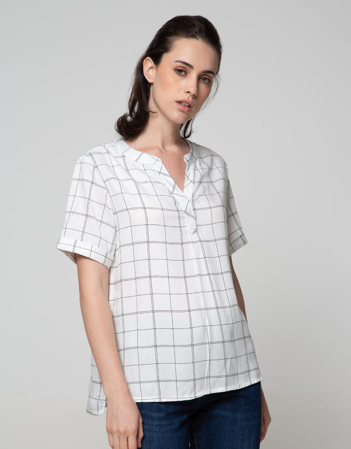 Connexion Short Sleeve Blouse Rayon Twill Print Windowpane