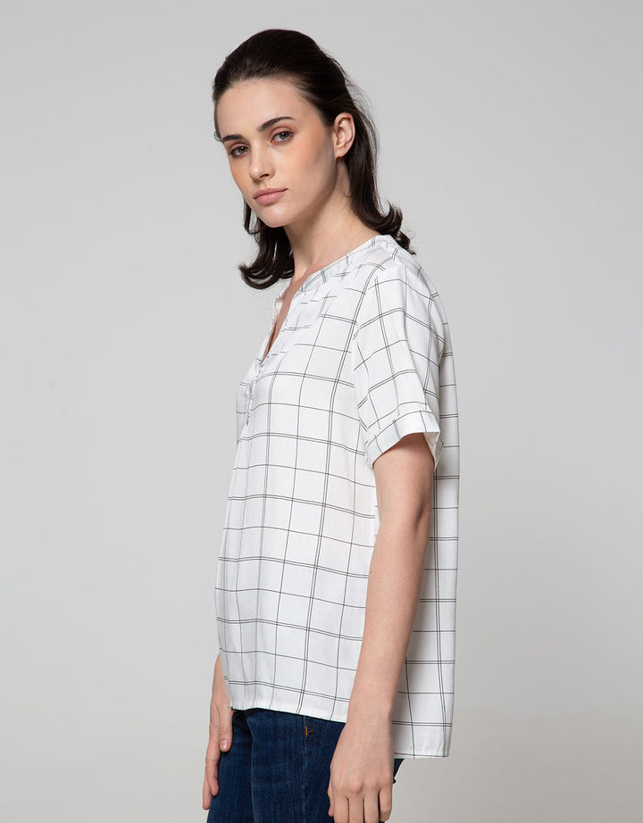 Connexion Short Sleeve Blouse Rayon Twill Print Windowpane
