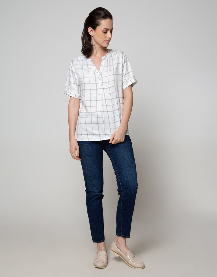 Connexion Short Sleeve Blouse Rayon Twill Print Windowpane