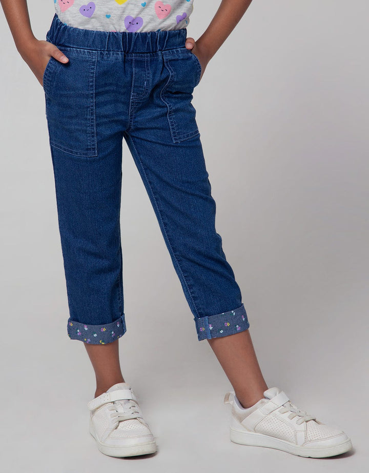 Little M Flower Embroidery Girls Denim Pants