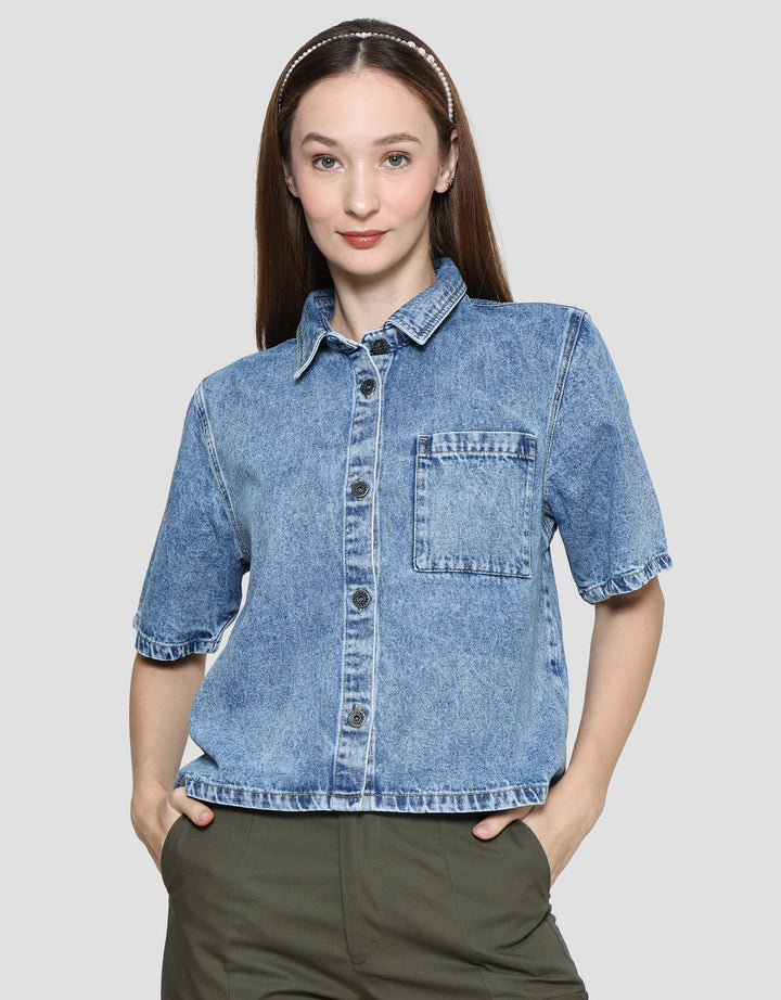 Nevada With Pocket Kemeja Denim Lengan Pendek Wanita