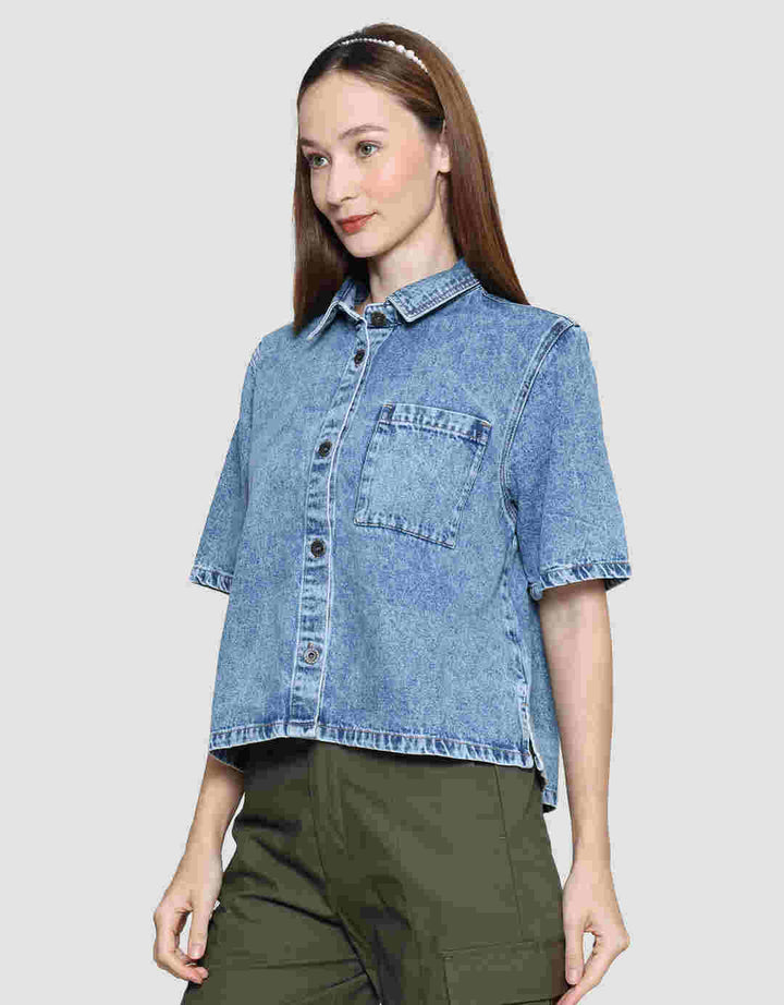 Nevada With Pocket Kemeja Denim Lengan Pendek Wanita