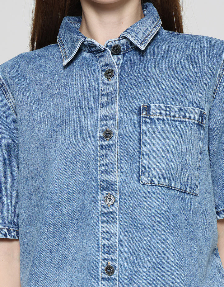 Nevada With Pocket Kemeja Denim Lengan Pendek Wanita