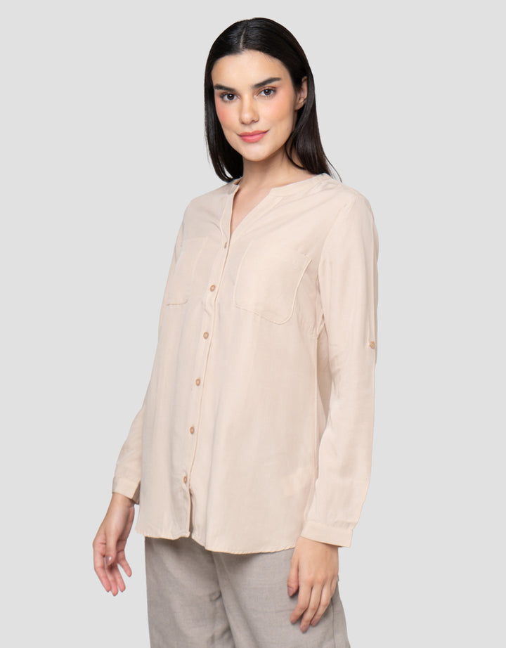Cardinal Femme Full Button V-Neck Kemeja Wanita