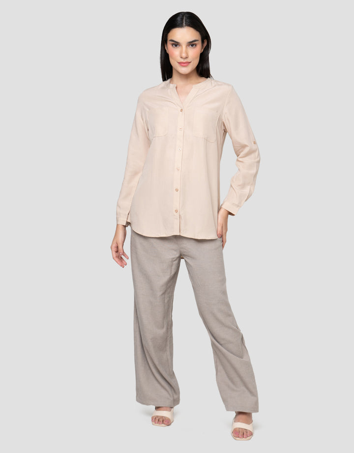Cardinal Femme Full Button V-Neck Kemeja Wanita