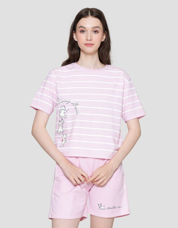 Disney Boxy Stripe Print Marie The Cat  Kaos Lengan Pendek Wanita