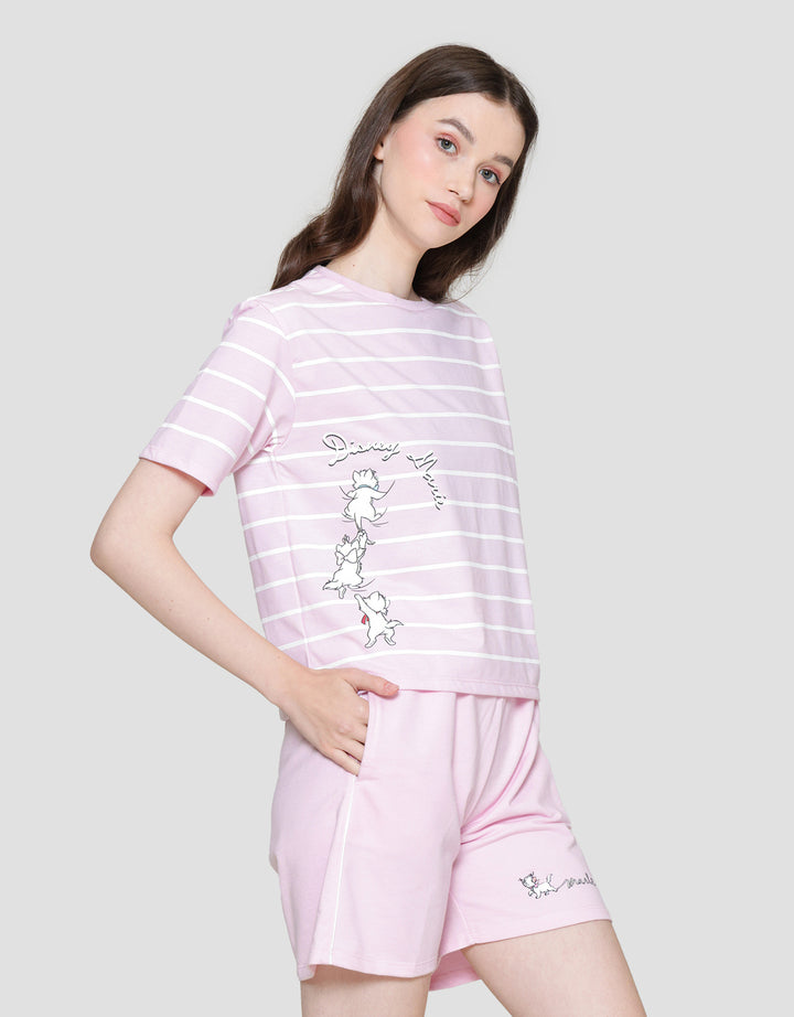 Disney Boxy Stripe Print Marie The Cat  Kaos Lengan Pendek Wanita