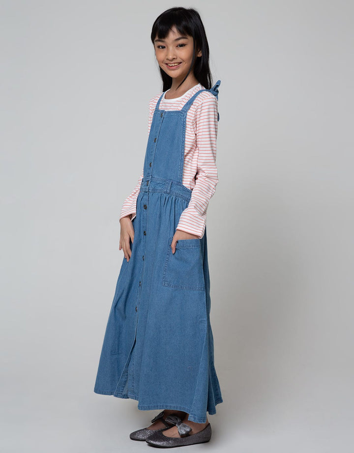 Nevada Long Sleeve Midi Dress Woven Overall Blue With Inner Stripe
