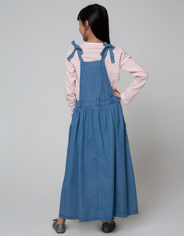 Nevada Long Sleeve Midi Dress Woven Overall Blue With Inner Stripe