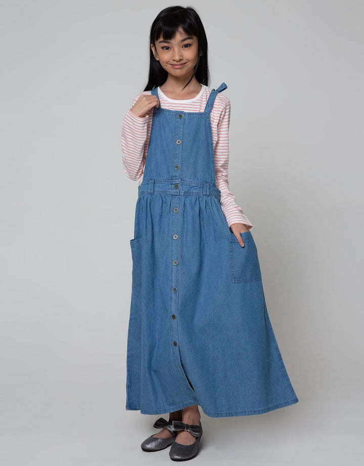 Nevada Long Sleeve Midi Dress Woven Overall Blue With Inner Stripe