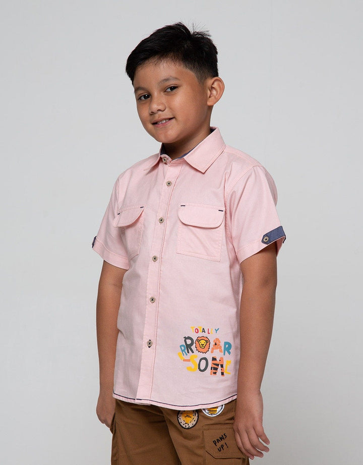 Little M Short Sleeve Shirt Oxford Solid Sablon Animal Roarsome