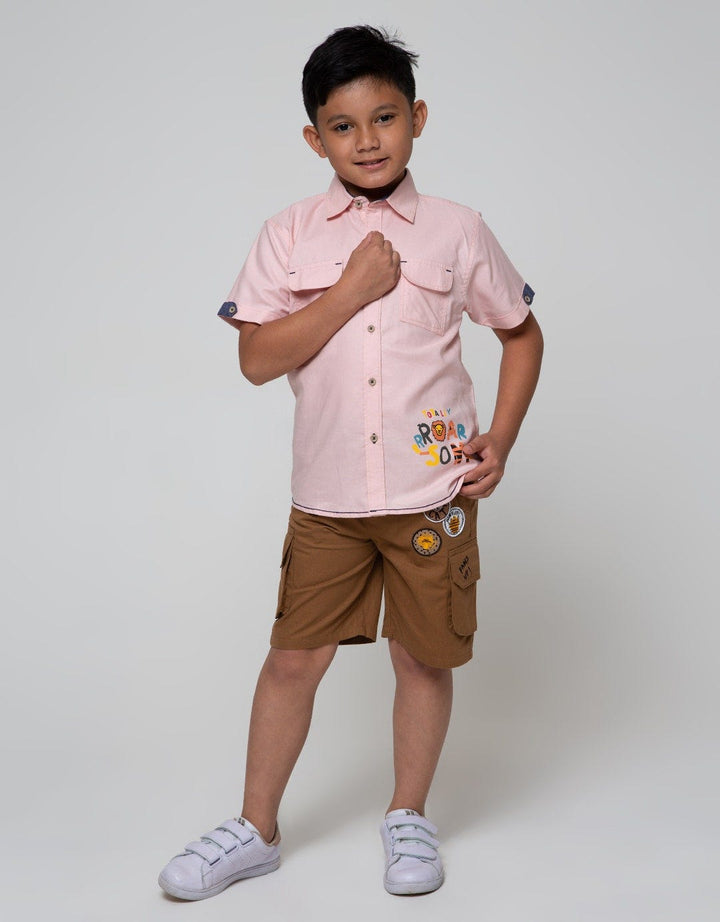 Little M Short Sleeve Shirt Oxford Solid Sablon Animal Roarsome