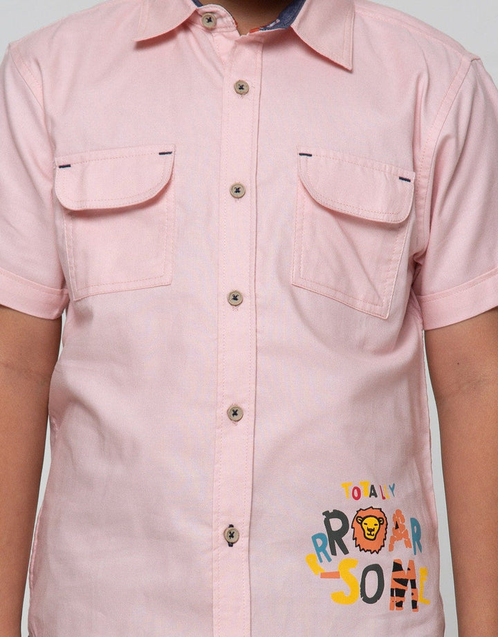 Little M Short Sleeve Shirt Oxford Solid Sablon Animal Roarsome