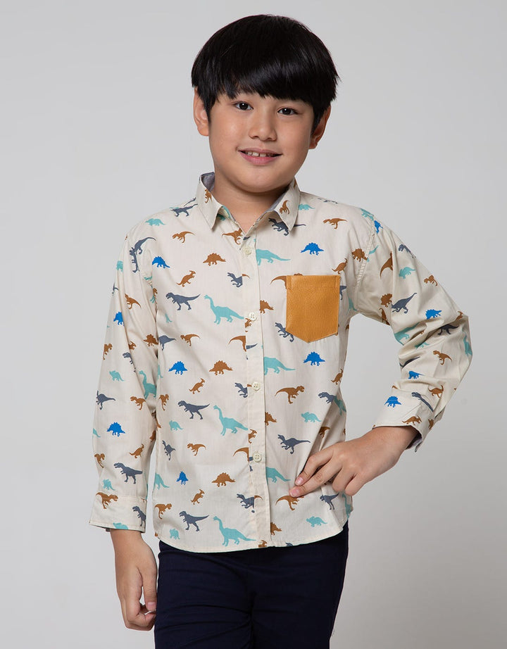 Little M Long Sleeve Shirt Print Dino Poplin